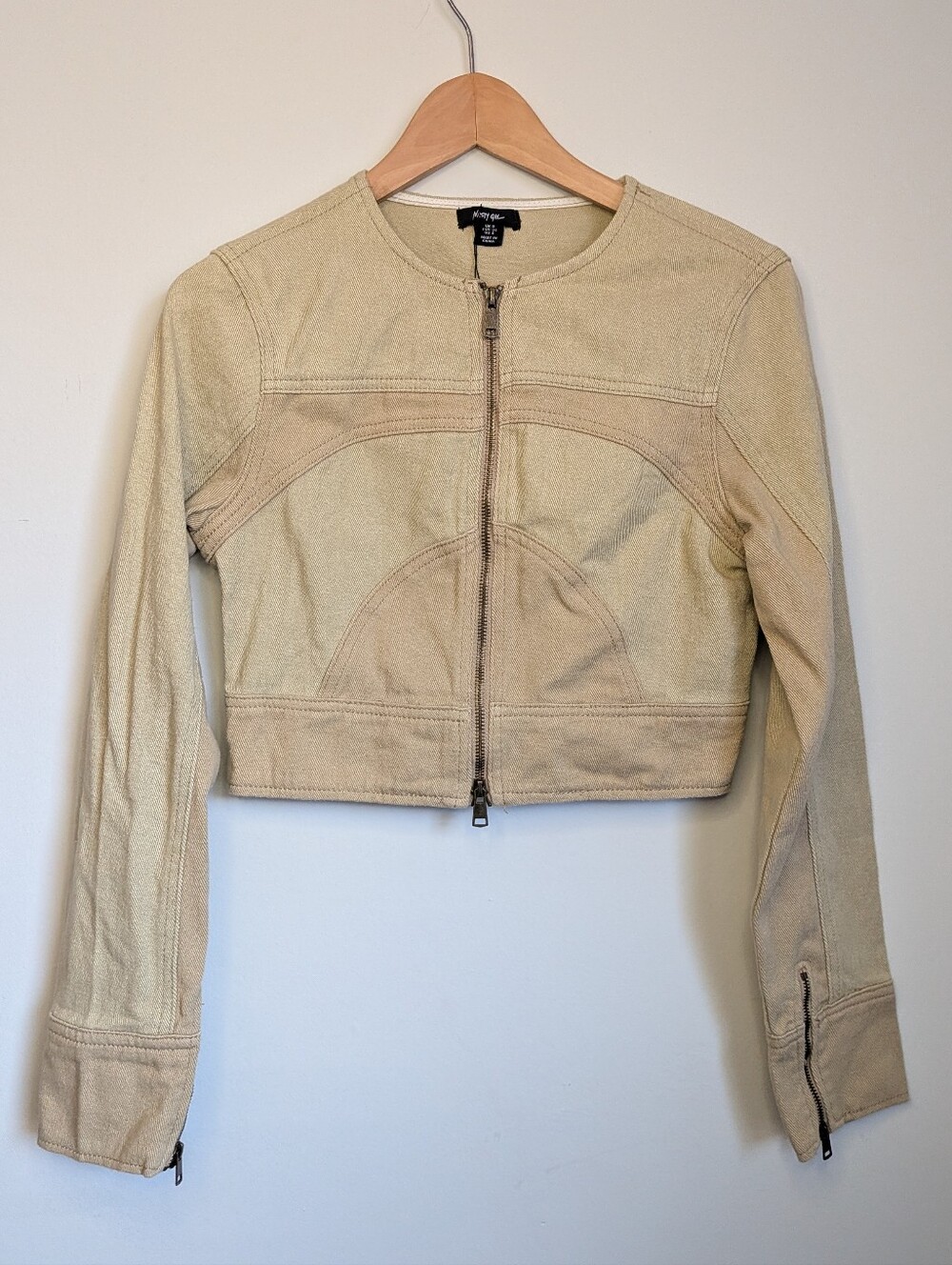 NEW Nasty Gal Denim Cropped Zip Up Jacket Womens US 4 Khaki Boho Festival Jean